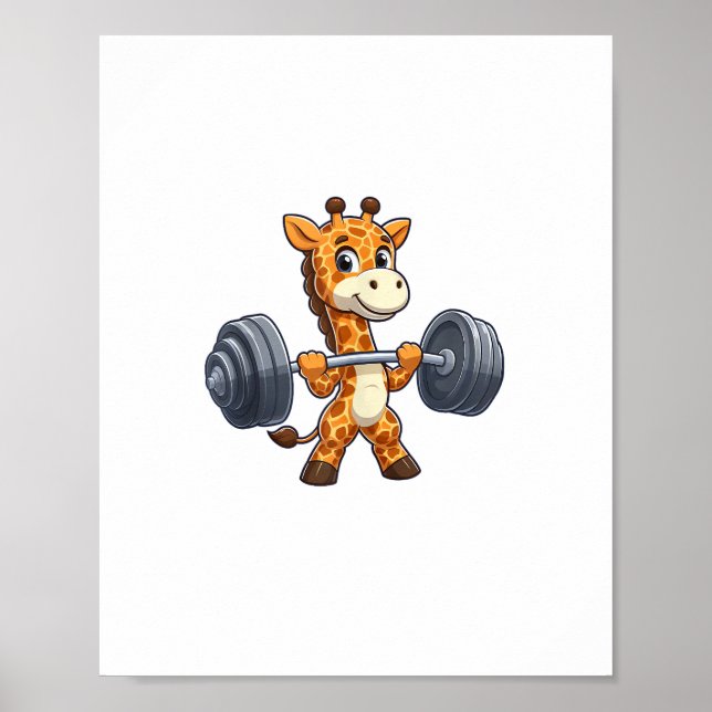 Söt seriefigur av giraff som lyfter vikter fitness poster (Framsidan)