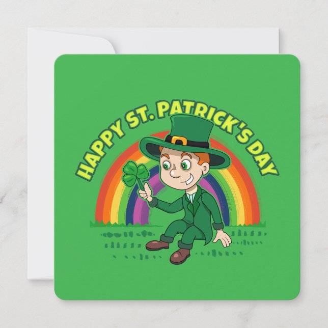 Söt seriefigur av leprechaun med shamrock och regn julkort (Framsida)