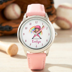 Söt seriefigur av tjejbasebollspelare i rosa armbandsur