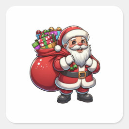 Söt seriefigur av tomte med presentpåse fyrkantigt klistermärke