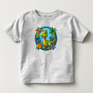Söt seriefigur dinosaurie bland tropiska blommor t shirt