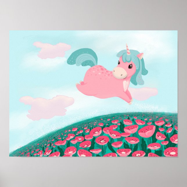 Söt seriefigur enhörning Rosa och mintaffisch Poster (Framsidan)