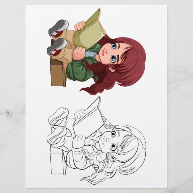 Söt seriefigur flicka läser bok målarbild reklamblad (Framsidan)