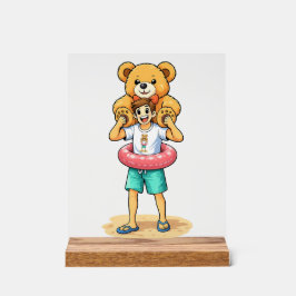 Söt seriefigur man med jätte teddybjörn sommar kul