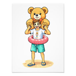 Söt seriefigur man med jätte teddybjörn sommar kul fototryck