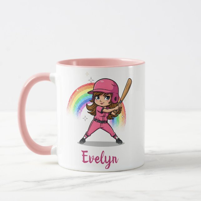 Söt seriefigur tjej basebollspelare i rosa mugg (Vänster)