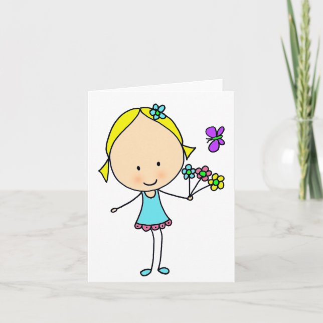 Söt seriefigur tjej med blommor generisk användnin kort (Framsida)