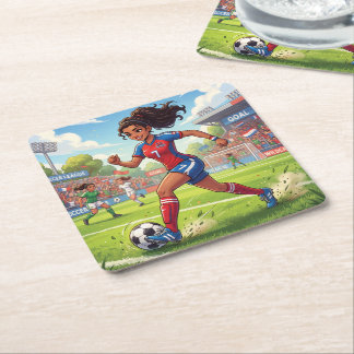Söt seriefigur tjej som spelar fotboll underlägg papper kvadrat