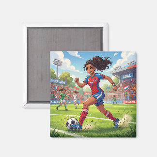 Söt seriefigur tjej spelar fotboll magnet