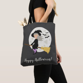 Söt seriehäxa och Glad Halloween-text Tygkasse