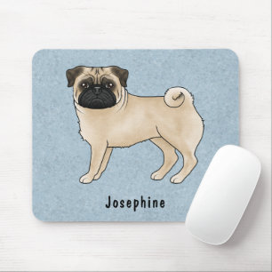 Söt seriehund Fawn Pug med eget namn Blå Musmatta