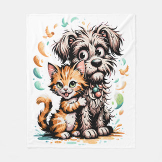 Söt serieillustration av hund- och kattvänskap fleecefilt