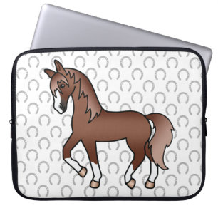 Söt serieillustration av kastanjebrunt travande hä laptop fodral