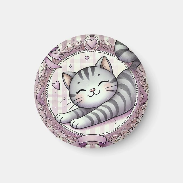 Söt serieillustration av randig katt magnet (Framsidan)