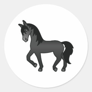 Söt serieillustration av svart travhäst runt klistermärke