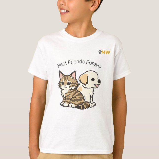 Söt seriekatten och hund bästa vänner barn t-shirt (Framsida)