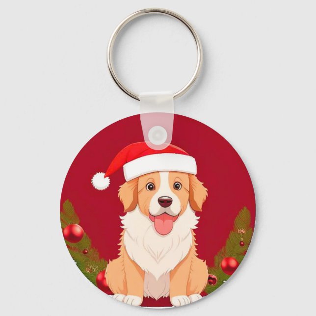 Söt serietecknad hund som bär tomtehatt nyckelring (Framsida)