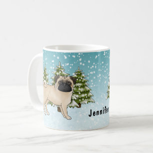 Söt serieteckning av fawn mops i snöig vinter skog kaffemugg