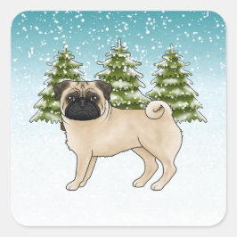 Söt serieteckning av fawn-pug i snöig vinter skog fyrkantigt klistermärke