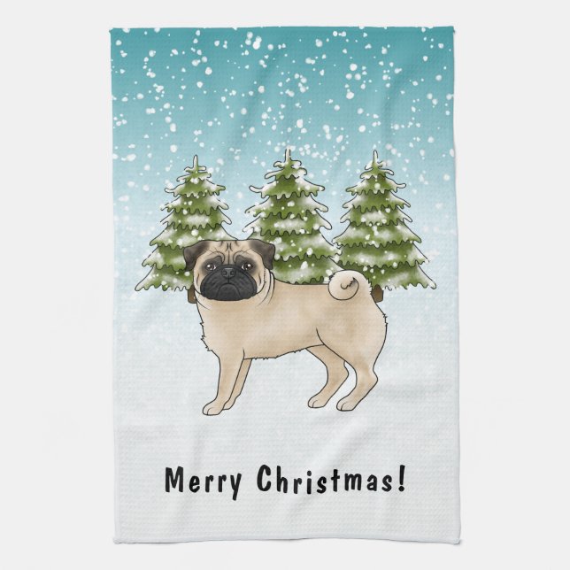 Söt serieteckning av fawn Pug-valp i snöig vinter  Kökshandduk (Vertikal)