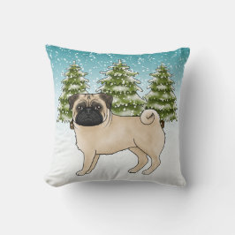 Söt serieteckning av fawn Pug-valp i snöig vinter  Kudde