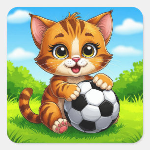 Söt serieteckning katt håller fotboll fyrkantigt klistermärke