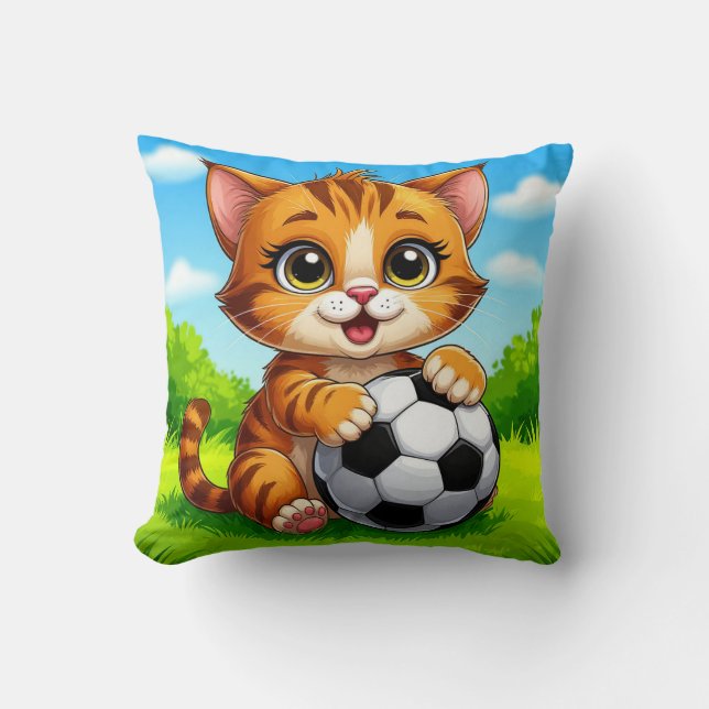 Söt serieteckning katt som håller fotboll kudde (Framsida)