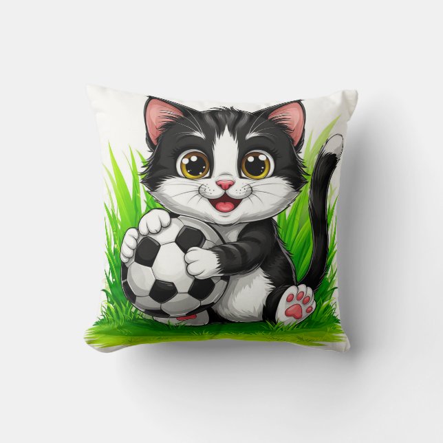 Söt serieteckning katt som håller fotboll kudde (Framsida)