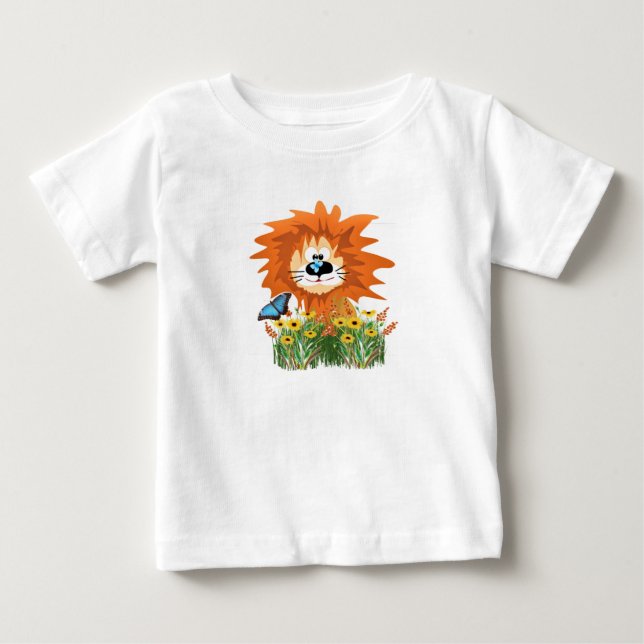 Söt serieteckning lejon i blomsterträdgård  t shirt (Framsida)