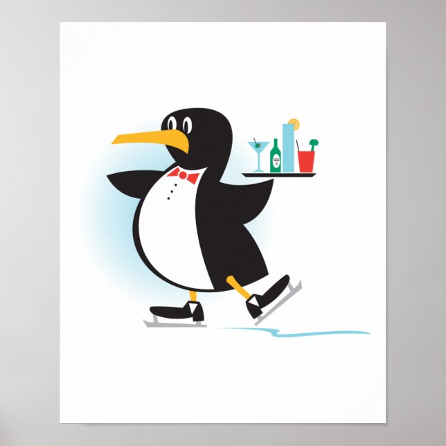 Söt servitör penguin på skridskor poster (Framsidan)