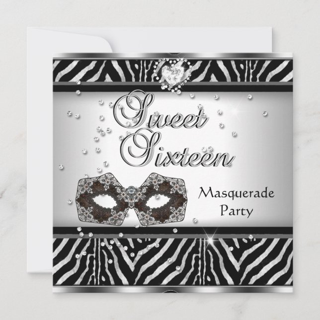 Söt sexton 16-års födelsedagsfest Zebra Masquerade Inbjudningar (Framsida)