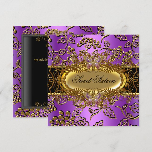 Söt sexton 16 Damask lila guld svart Inbjudningar (Fram/baksida)
