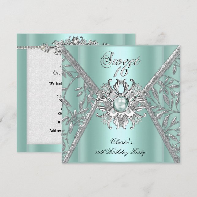Söt sexton 16 Damask Mint Blå Vit Silver Inbjudningar (Fram/baksida)