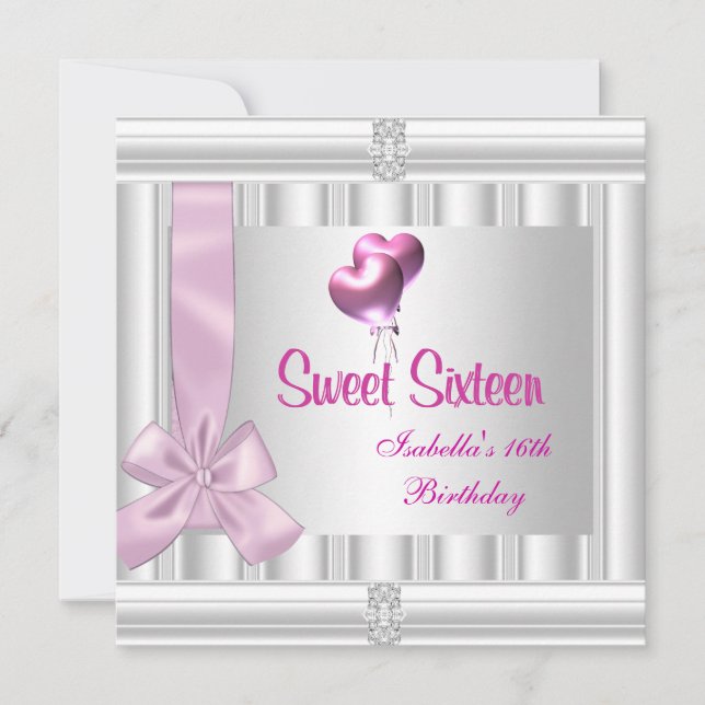 Söt sexton 16:e elegant juvel vit rosa inbjudningar (Framsida)