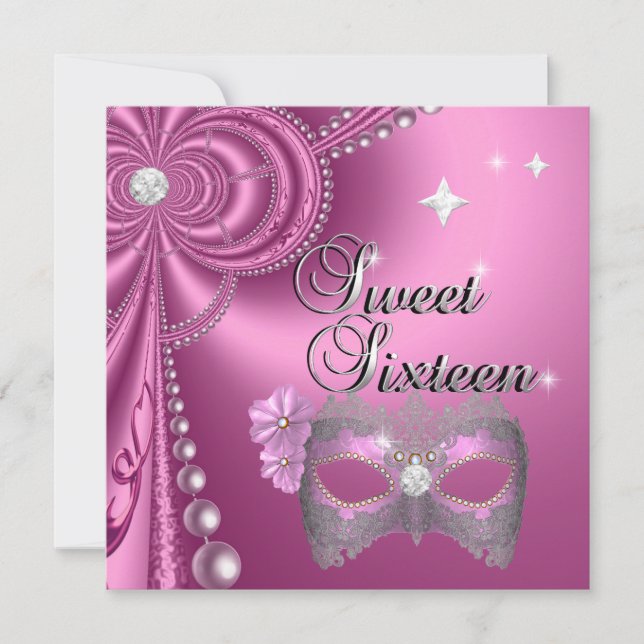 Söt sexton 16 födelsedag rosa diamantmask silver inbjudningar (Framsida)