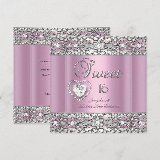 Söt sexton 16 Födelsedagsfest Rosa Silver Diamant Inbjudningar (Fram/baksida)
