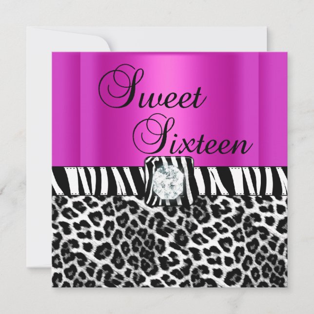 Söt sexton 16 födelsedagsfest Zebra Hot Pink Leopa Inbjudningar (Framsida)
