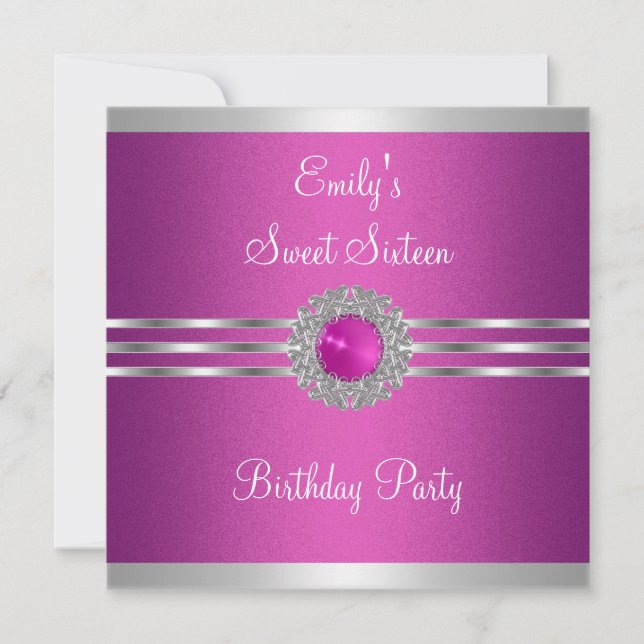 Söt sexton 16 Fuschia Silver Jewel Födelsedag Inbjudningar (Framsida)