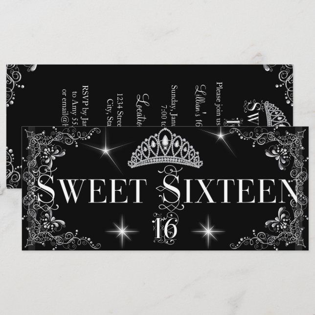 Söt Sexton 16 Regal Svart Silver Tiara Inbjudningar (Fram/baksida)