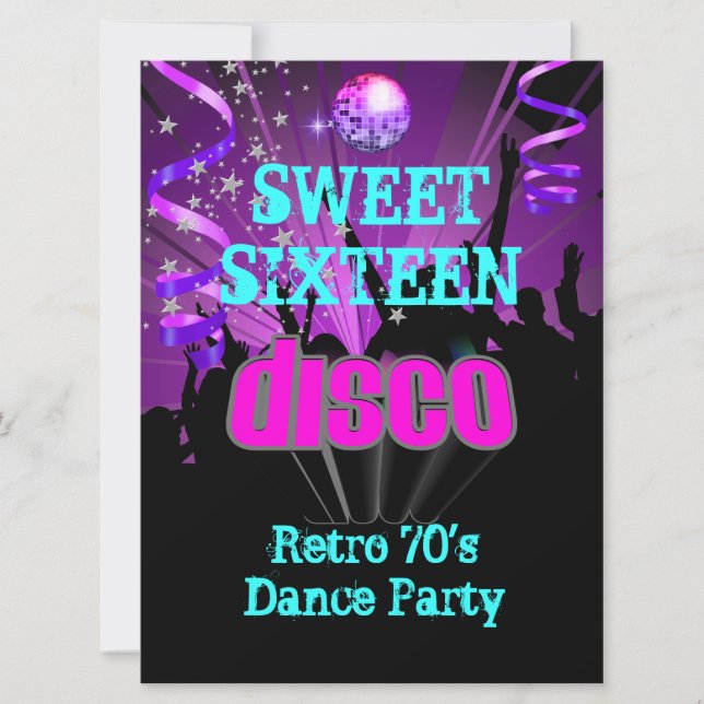 Söt Sexton 16 Retro 70-tal Disco Dansfest 3 Inbjudningar (Framsida)