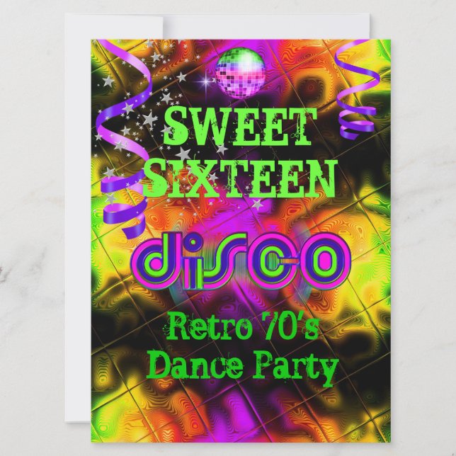 Söt sexton 16 Retro 70-tal Disco Dansfest Inbjudningar (Framsida)