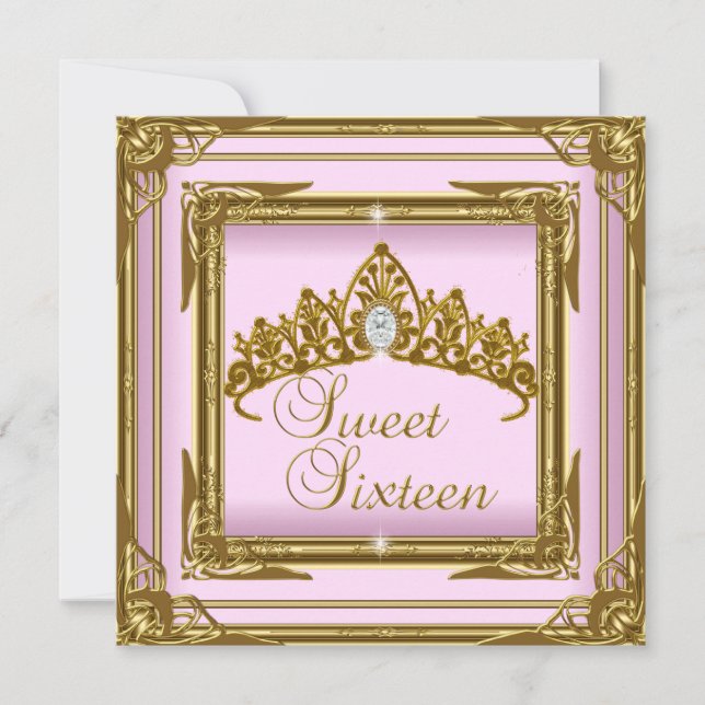 Söt Sexton 16 Rosa Tiara Guld Glitter Inbjudningar (Framsida)