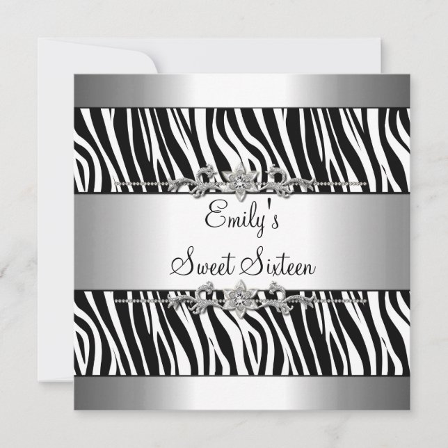Söt Sexton 16 Svart Vit Zebra Silver Födelsedag Inbjudningar (Framsida)