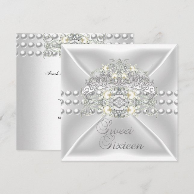 Söt sexton 16 Tiara Silver Vitt Pärla Diamant Inbjudningar (Fram/baksida)