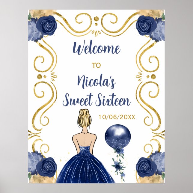 Söt sexton blond prinsessa marinblå välkomstskylt poster (Framsidan)