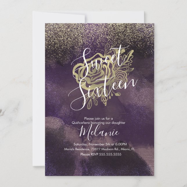 Söt sexton falsk glitter lila guldros inbjudningar (Framsida)