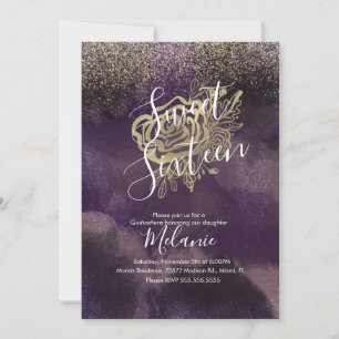 Söt sexton falsk glitter lila guldros inbjudningar