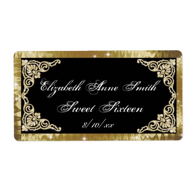 Söt sexton, guld och svarta vattenflasketiketter fraktsedel (Framsidan)