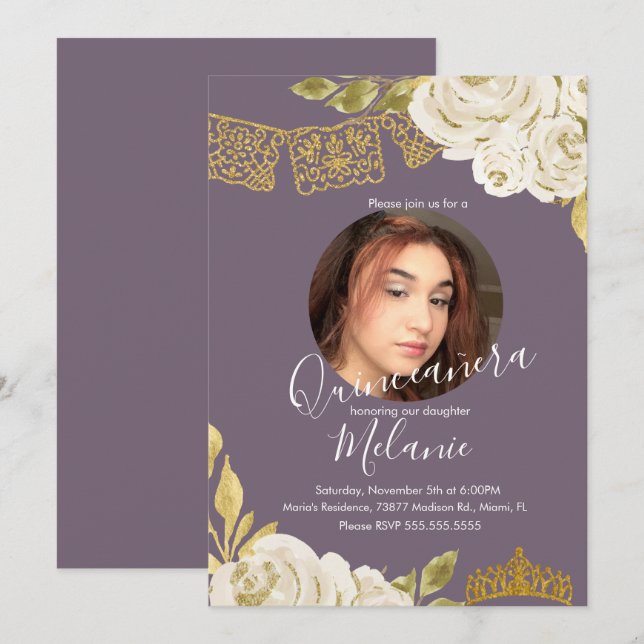 Söt sexton Ivory Glitter Falska blommor Foto  Inbjudningar (Fram/baksida)