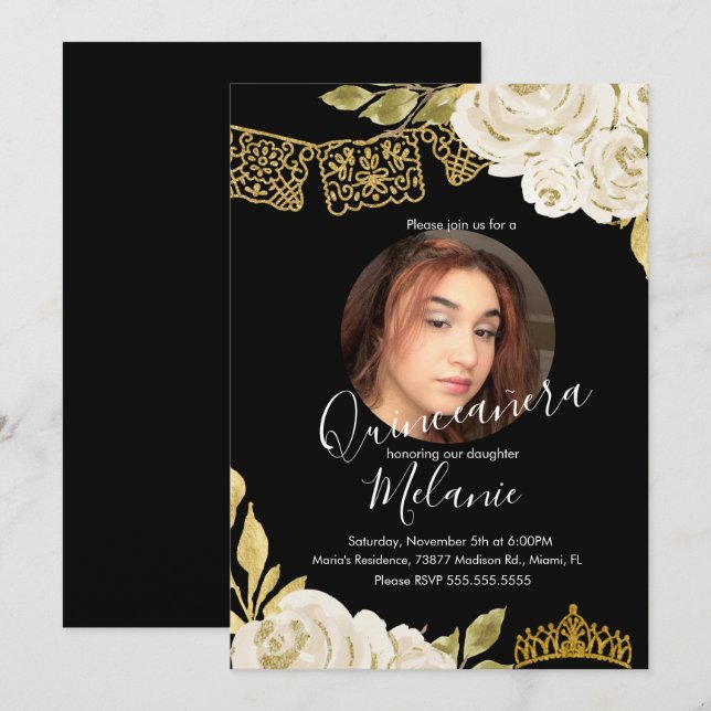 Söt sexton Ivory Glitter Falska Blommor Foto  Inbjudningar (Fram/baksida)